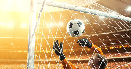 Goalkeeper tries to save from a goal on a professional soccer stadium while the sun shines.