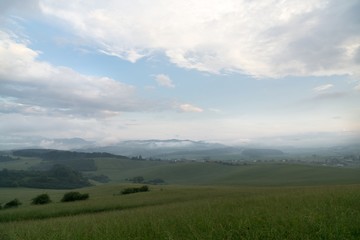 Sunrise and sunset over the hills and town. Slovakia