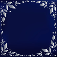 Blue background stylized as blue velvet decorated with silver leaves and dots in form of circle for decoration, scrapbooking paper, wedding invitation, greeting card, text, frame, family tree, cover