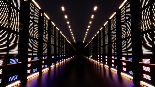 A huge data center with servers in a dark room