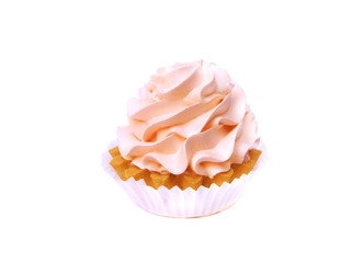 isolated cake with cream pink .Delicious birthday cupcake on white background