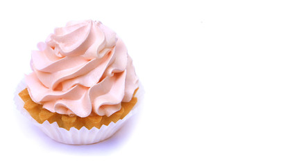 isolated cake with cream pink. Delicious birthday cupcake on white background