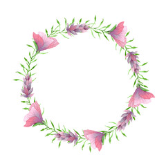 Fototapeta na wymiar Watercolor floral wreath with exotic leaves and flowers. Perfect for for wedding stationary, greetings, wallpapers, fashion, backgrounds, textures, DIY, wrappers, cards