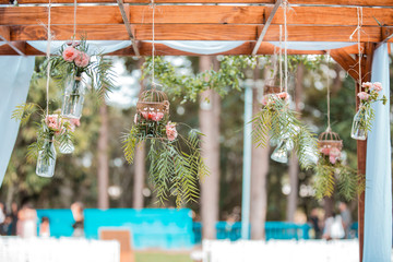 wedding decoration with glass bottles