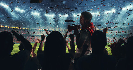 Fans celebrating the success of their favorite sports team on the stands of the professional...