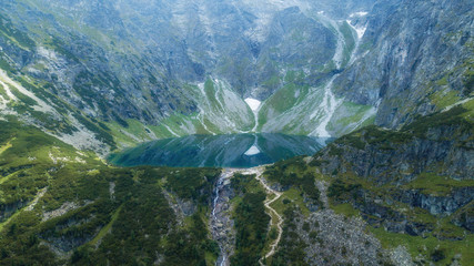 Aerial view of Tatra Mountains lake.