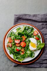 Fresh summer salad with baby spinach, tomatoes cherry and egg. Top view, copy space. Slate gray background