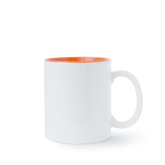 White mug with a orange mean on a white background. Isolated.