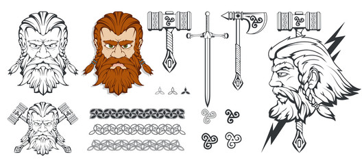 Scandinavian god of thunder and storm. Hand drawing of Thor's Head. The hammer of Thor - mjolnir. Son of Odin. Cartoon bearded man character. Norse mythology. Vector graphics to design - obrazy, fototapety, plakaty
