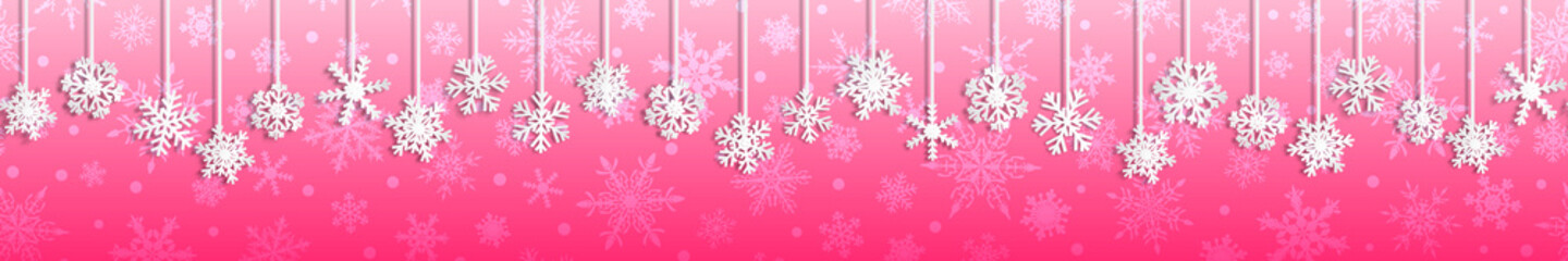 Christmas seamless banner with white hanging snowflakes with shadows on pink background