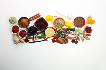 Fototapeta na wymiar Spices and herbs on table. Food and cuisine ingredients.