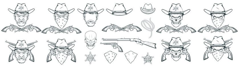 Cowboy Set for design. Hand drawn cowboy hat. Cartoon character man in the wild west. Retro Rifle and revolver. Sheriff's Badge. Western. Elements of the Wild West. Vector graphics to design - obrazy, fototapety, plakaty