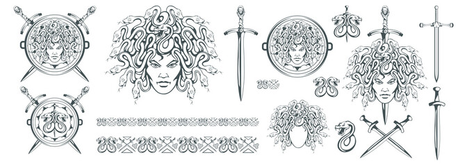 Gorgon Medusa - monster with a female face and snakes instead of hair. Sword. Medusa head. Greek mythology. Hand drawn traditional Greek ornament. Snake tattoo. Vector graphics to design