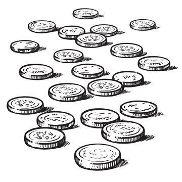 Sketch of coins isolated on white background. Vector