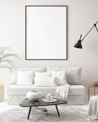 mock up poster frame in hipster interior background, Scandinavian style, 3D render, 3D illustration