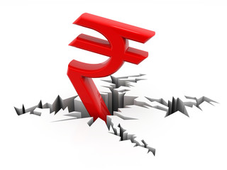 Indian Rupee crisis concept, Red Indian Rupee Symbol Down to Ground. 3D rendering isolated on white background  © blackboard