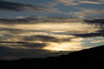 Sunrise and sunset over the hills and town. Slovakia