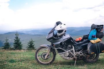 Fototapeta na wymiar Adventure Motorbike on the top of the mountain. Motorcycle trip. off road Traveling, Lifestyle Travel vacations sport outdoor concept.