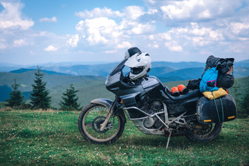 Adventure Motorbike on the top of the mountain. Motorcycle trip. off road Traveling, Lifestyle Travel vacations sport outdoor concept.