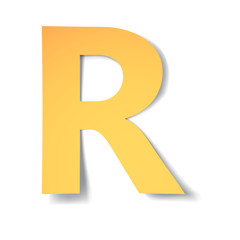 yellow-gold letter R carved from paper with soft shadow.Vector origami