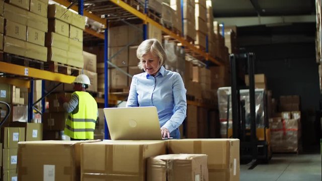 Senior woman manager with laptop and man worker working in a warehouse.