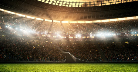 Photo of a professional soccer stadium while the sun shines - obrazy, fototapety, plakaty