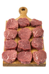 Bisteck on wooden board on white background