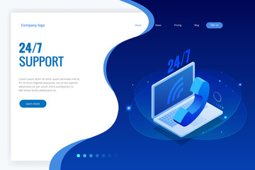 Web page design templates for call center support 24-7. Isometric 24 hours open customer service. Vector illustration Customer Service, Support or CRM