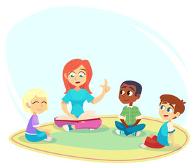 Female teacher read book, children sit on floor in circle and listen to her. Preschool activities and early childhood education. Cartoon vector illustration for poster, website