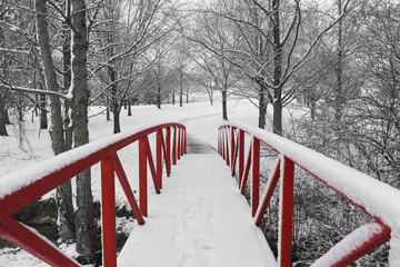 Red Foot Bridge on Snowy Day