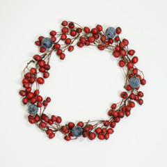 Frame of hawthorn andblackthorn berries. Autumn berries concept with space for text. Top view, flat lay