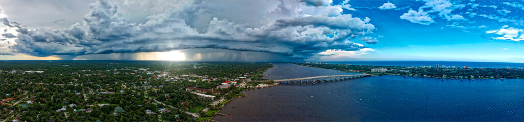 Aerial Panorama of storm near river