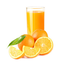 orange juice with orange and green leaf isolated on white background. juice in glass