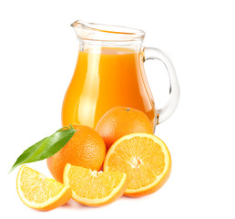 orange juice with orange and green leaf isolated on white background. juice in jug