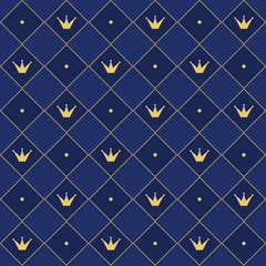 Navy blue seamless pattern in retro style with a gold crown. Can be used for premium royal party. Print for cute luxury textile. Backdrop for wedding invitation. Prince and king vip style.