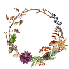 Watercolor autumn tree branch and flower wreath. Hand painted wreath with acorn, mushroom, cone, berries and leaves on white background. Illustration for design, fabric or background. © yuliya_derbisheva