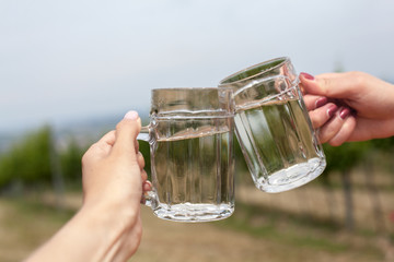Two glasses of white wine and soda spritzer. Clink glasses by female hands on backgrounds of grapes leaves in Heuriger tavern Austria, where a local winemaker serves his new wine.