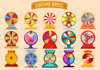 set of roulette fortune spinning wheels. Wheel fortune spin. Lottery luck illustration casino money games.