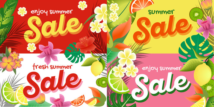 Summer sale banner with Orange, Lime and Lemon Tropical Fruits on Colorful Background. Modern promotion poster. Vector Illustration.