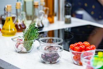 Food ingredients and kitchen utensils for cooking