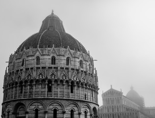 Black and white photo of the Baptistery of Pisa, Pisa, Tuscany, Italy, Europe