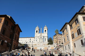 Fototapeta premium View to Church Santissima Trinità dei Monti at Spanish stairs in Rome, Italy 