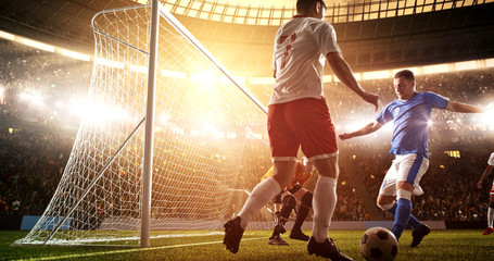 Intense soccer moment in front of the goal on the professional soccer stadium.