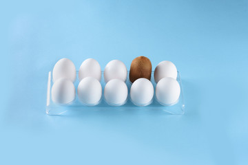 Kiwi standing out from crowd of plenty identical white eggs in plastic box background. Leadership, uniqueness, independence, new idea, initiative, strategy, dissent, think different, business success