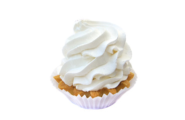 isolated cake with cream white. Delicious birthday cupcake on white background