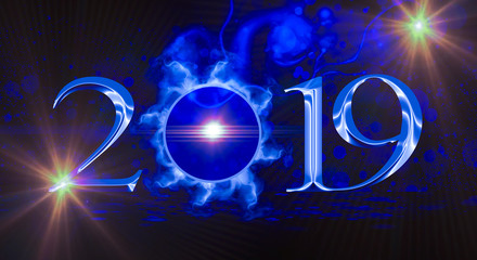 2019 on an abstract bright background with smoke and neon light. The magic of the new year and Christmas.