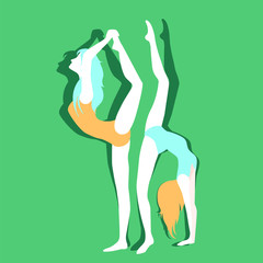 Silhouette of two girls gymnasts, acrobats. Logotype of gymnasts. Vector illustration.