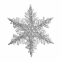 Snowflake isolated on white background. This vector illustration based on macro photo of real snow crystal: small stellar dendrite with good hexagonal symmetry, elegant shape and six thin, long arms.