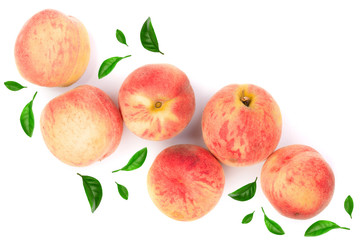 ripe peaches isolated on white background with copy space for your text. Top view. Flat lay pattern