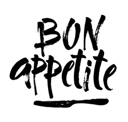 Bon Appetite hand lettering, vintage brush typography, custom writing isolated on white background. Vector